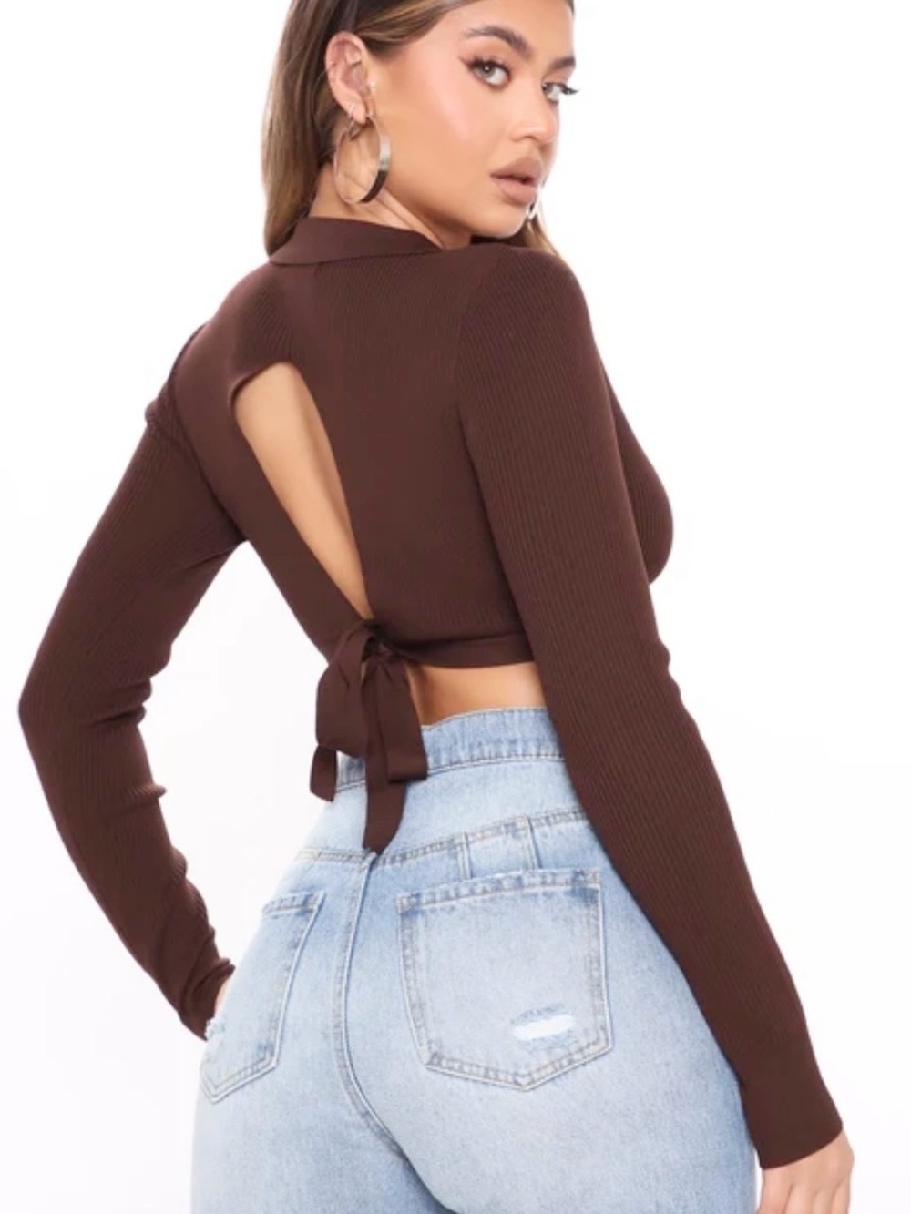 Fashion Nova Chocolate Brown Ribbed Long-Sleeve Tie-Back Crop Top